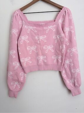 Willow & Wind Bow Sweater Pink Coquette‎ Knit Puff Sleeve Balletcore Top L NWT